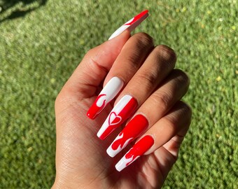 Press On Nails Red Flames Etsy