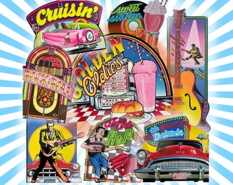 8 Printable 1960s Vintage Posters | Digital poster | Scrapbook | PNG | Rock N Roll Music | Juke box