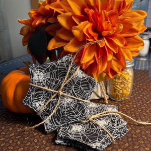 May include: A stack of square fabric coasters featuring a black and white spiderweb pattern. The coasters are tied together with a thin piece of natural jute twine. The fabric has visible stitching along the edges, creating a quilted appearance.