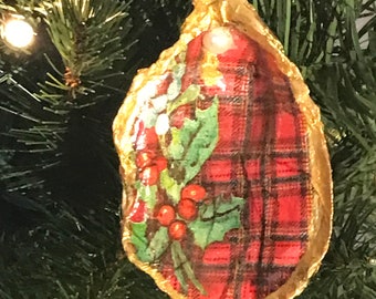 Christmas Decoupage Oyster Ornament  Red Flannel and Holly by “Artistic Mermen Provincetown “