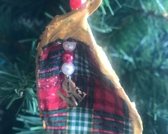 Christmas Decoupage Oyster Ornament with  Red Plaid and  a Gold LOVE pendant and  Made with LOVE  tag by “Artistic Mermen Provincetown “