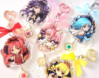 Madoka Magica Flower Resin and Ribbon Keychain