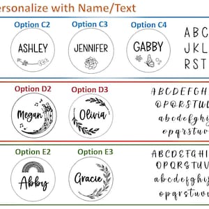 May include: A graphic showing ten different options for customizing a round sticker with a name or text. The options include different fonts, floral designs, musical notes, and a rainbow. The alphabet is shown in two different fonts.