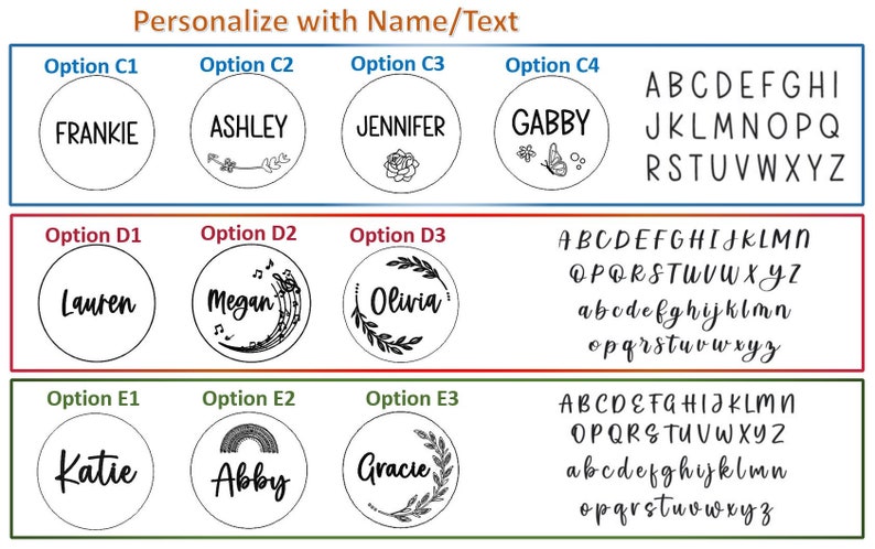 May include: A graphic showing ten different options for customizing a round sticker with a name or text. The options include different fonts, floral designs, musical notes, and a rainbow. The alphabet is shown in two different fonts.
