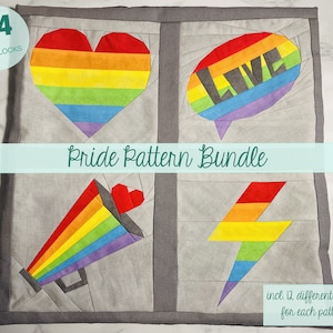 Könnte beinhalten: Ein Set aus vier 15 cm großen Quiltblöcken mit Regenbogen-Designs. Die Designs beinhalten ein Herz, eine Sprechblase mit dem Wort "LOVE", ein Megaphon und einen Blitz. Der Text "Pride Pattern Bundle" ist in der Mitte des Bildes geschrieben. Der Text "incl. 12 different options for each pattern" ist unten im Bild geschrieben.