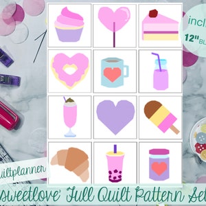 Könnte beinhalten: Ein Set mit 12 Quiltblöcken, die verschiedene süße Leckereien zeigen, darunter Cupcakes, Lutscher, Tortenstücke, Donuts, Kaffeetassen, Marmeladengläser, Milchshakes, Herzen, Eis am Stiel, Croissants, Bubble Tea und Honiggläser. Die Blöcke sind alle 30,5 cm groß und perfekt, um eine lustige und fantasievolle Quilt zu erstellen.