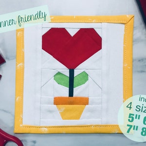 Flower Foundation Paper Piecing Pattern Coaster/Mugrug/Quiltblock &#39;the flower of love&#39; 5&quot; 6&quot; 7&quot; 8&quot;