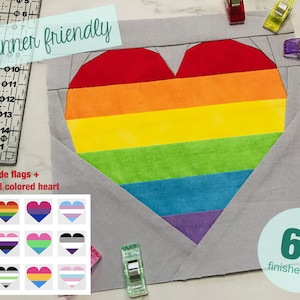 Könnte beinhalten: Ein anfängerfreundlicher Patchwork-Quiltblock mit einem Regenbogenherz, 11 Pride-Flaggen und einem einfarbigen Herz. Der Block ist 6 Zoll groß.