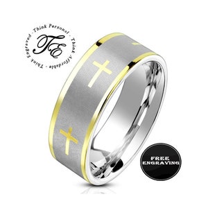Custom Engraved Men&#39;s Gold Cross Promise Ring or Wedding Ring - Personalized Christian Ring