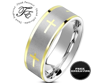 Custom Engraved Gold Cross Ring: Stainless Steel Christian Wedding Band