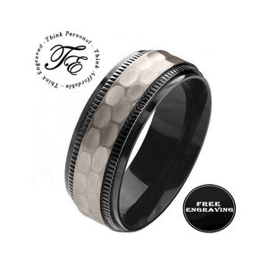 Custom Engraved Men&#39;s Hammered Titanium Wedding Ring - Personalized Wedding Ring For Him