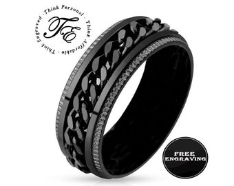 Personalized Black Chain Spinner Ring: Engraved Promise Ring, Fidget Jewelry
