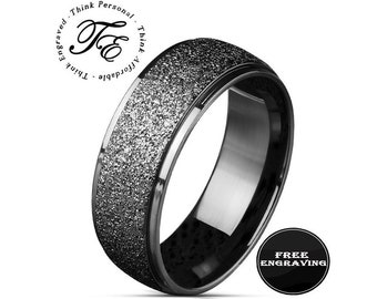 Engraved Black Wedding Ring for Men: Sandblasted Stainless Steel Band
