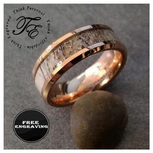 Personalized Men&#39;s Rose Gold Tungsten Wedding Ring Deer Antler Inlay