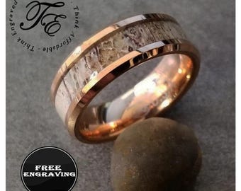 Personalized Men's Rose Gold Tungsten Wedding Ring Deer Antler Inlay