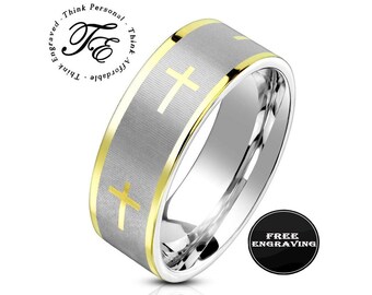 Anillo de cruz cristiana personalizado para hombre: Anillo de promesa de acero inoxidable bicolor