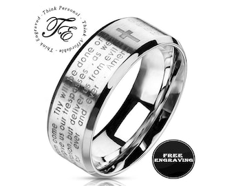 Anillo con cruz cristiana y la oración del Padre Nuestro personalizada - Anillo religioso grabado