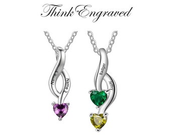 Personalized 1 or 2 Birthstone Mother's Necklace Shooting Hearts 2 Engraved Names