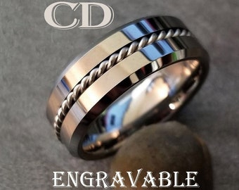 Men's Silver Wire Cable Tungsten Ring Band - Promise Ring