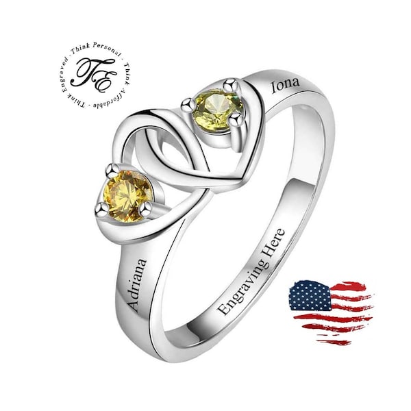 2 Birthstone Mothers Ring 2 Names Locked Hearts  - Custom Promise Ring