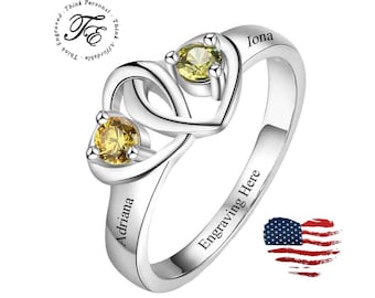Personalized Sterling Silver Mothers Ring: 2 Birthstones, 2 Names