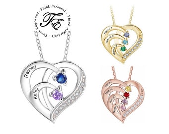 Engraved Birthstone Heart Necklace: Custom Name Sterling Silver