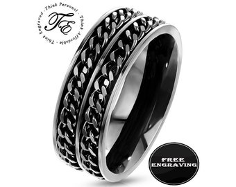 Men's Black Double Chain Spinner Ring: Stainless Steel Fidget Anxiety Band