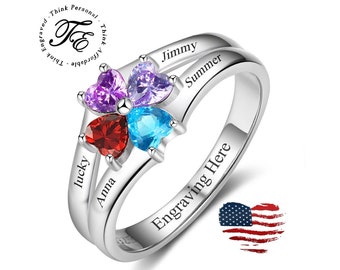 Sterling Silver 4 Birthstone Heart Mother's Ring - Personalized Name Engraving