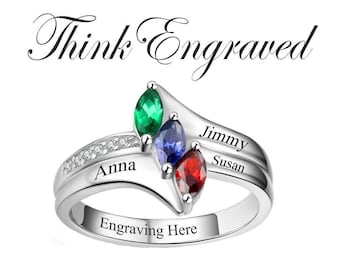 3 Birthstone Mother's Ring Triple Marquis 3 Engraved Names - Custom Mom Ring - 3 Stone Mother's Ring