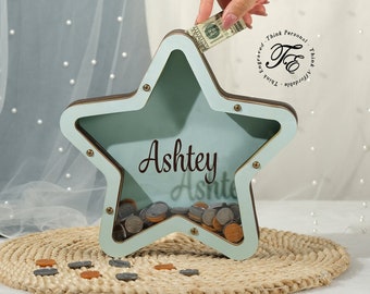 Personalized Handmade Wood Star Piggy Bank - Custom Name Piggy Bank