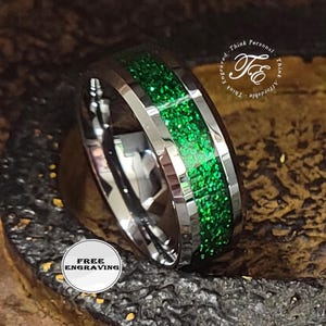 Engraved Men's Green Emerald Green Galaxy Tungsten Wedding Ring Band - Green Emerald Wedding Ring For Guys