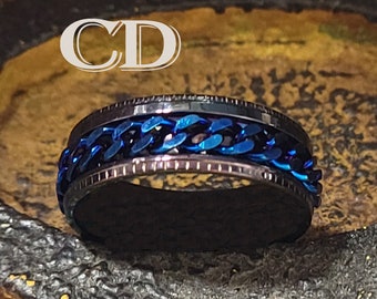 Men's Black Blue Chain Spinner Ring: Stainless Steel Fidget Band