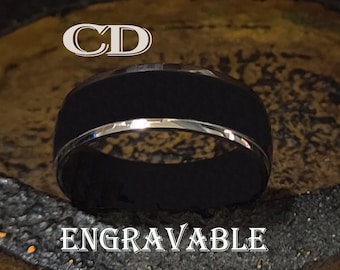 Anillo de promesa de titanio negro para hombre: banda bicolor con borde plateado