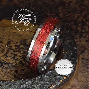 Red Ruby Galaxy Tungsten Ring - Silver Inlay Promise Band