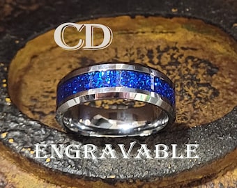 Men's Engraved Tungsten Wedding Band: Blue Sapphire Galaxy Ring