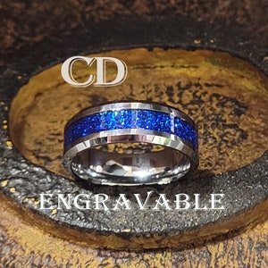 Men's Engraved Blue Sapphire Galaxy Tungsten Wedding Ring Band - Personalized Blue Sapphire Wedding Ring For Guys