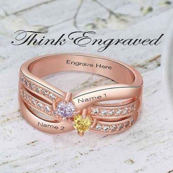 Rose Gold Mother's Ring 2 Birthstones X-Band 2 Engraved Names Paved Gems