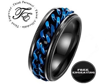 Anillo giratorio personalizado grabado para hombre: cadena azul y negra, banda antiestrés.