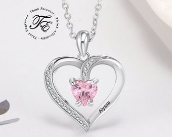 Custom Heart Cut Stone and Engraved Name Heart Pendant Necklace .925 Silver