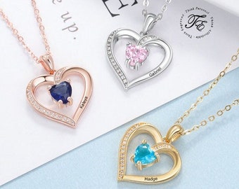 Collar personalizado con colgante en forma de corazón y piedra de nacimiento: colgante con el nombre de mamá grabado.