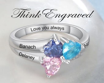 3 Birthstone Mother's Ring Lovely Hearts Personalized 3 Names