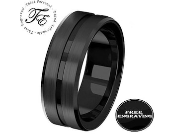 Personalized Engraved Men's Promise Ring Black Center Groove - Handwriting Ring