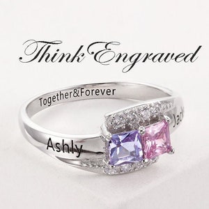 Personalized Mother&#39;s Ring 2 Pillow Cut Birthstones 2 Names - Sterling Silver Couple Ring
