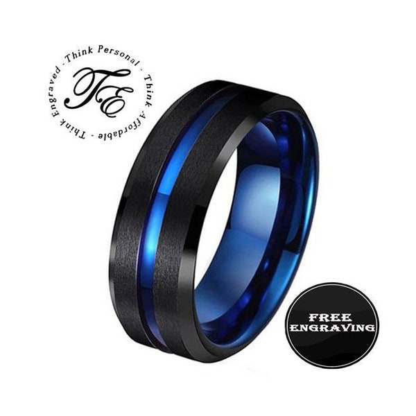 Personalized Blue Line Men's Wedding Ring or Promise Ring - Engraved Ring For Guys