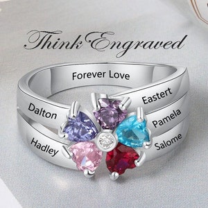 Personalized 5 Birthstone Mother&#39;s Ring 5 Engraved Names Flower Design - Grandmother&#39;s Ring