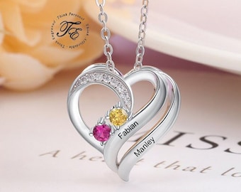 Custom Sterling Silver Heart Necklace: 2 Birthstones, Engraved Names