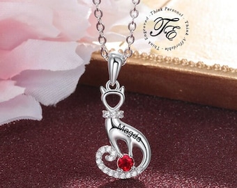 Personalized Birthstone Cat Necklace For Mom, Daughter or Girlfriend 1 Name