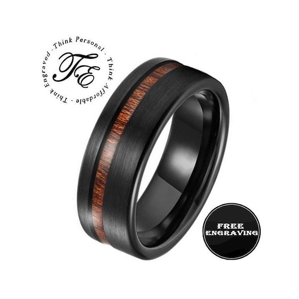 Men's Personalized Black Promise Ring With Koa Wood Inlay