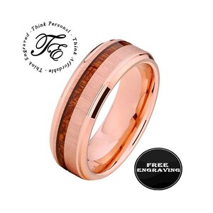 Mens Personalized Engraved Rose Gold Promise Ring Koa Wood Inlay