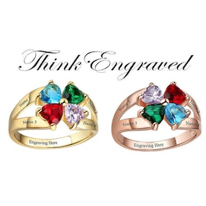 4 Heart Birthstone Mother&#39;s Ring 14k Gold Hearts Together - 4 Engraved Names Mom Ring